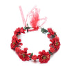 A red floral wreath headband made of fabric and flowers for women