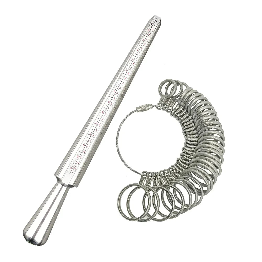 A professional metal ring sizer set with a graduated ruler and multiple rings.