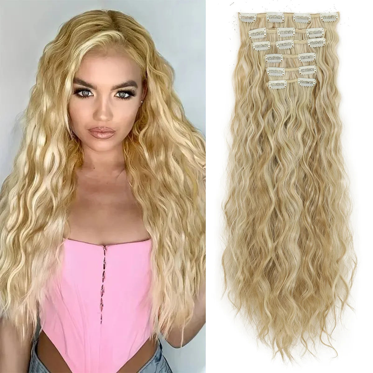 Long blonde curly hair extensions featuring 16 clips for wavy styling