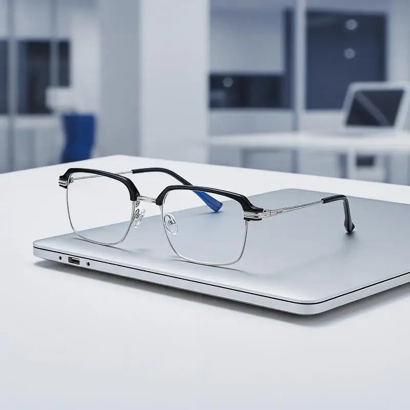 A pair of silver-framed photochromic anti-blue light reading glasses resting on a white laptop.