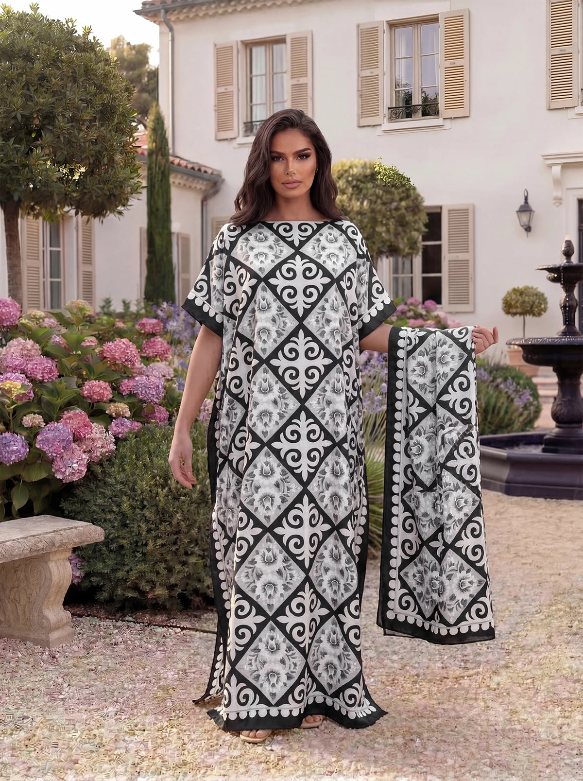 Boho Geometric Satin Abaya Scarf Set