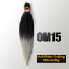A bundle of black and silver pre-stretched Kanekalon braiding hair extensions with a heat setting label.