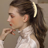 A close-up portrait of a woman with long brown hair styled in a ponytail, wearing a satin top and a large banana hair clip.