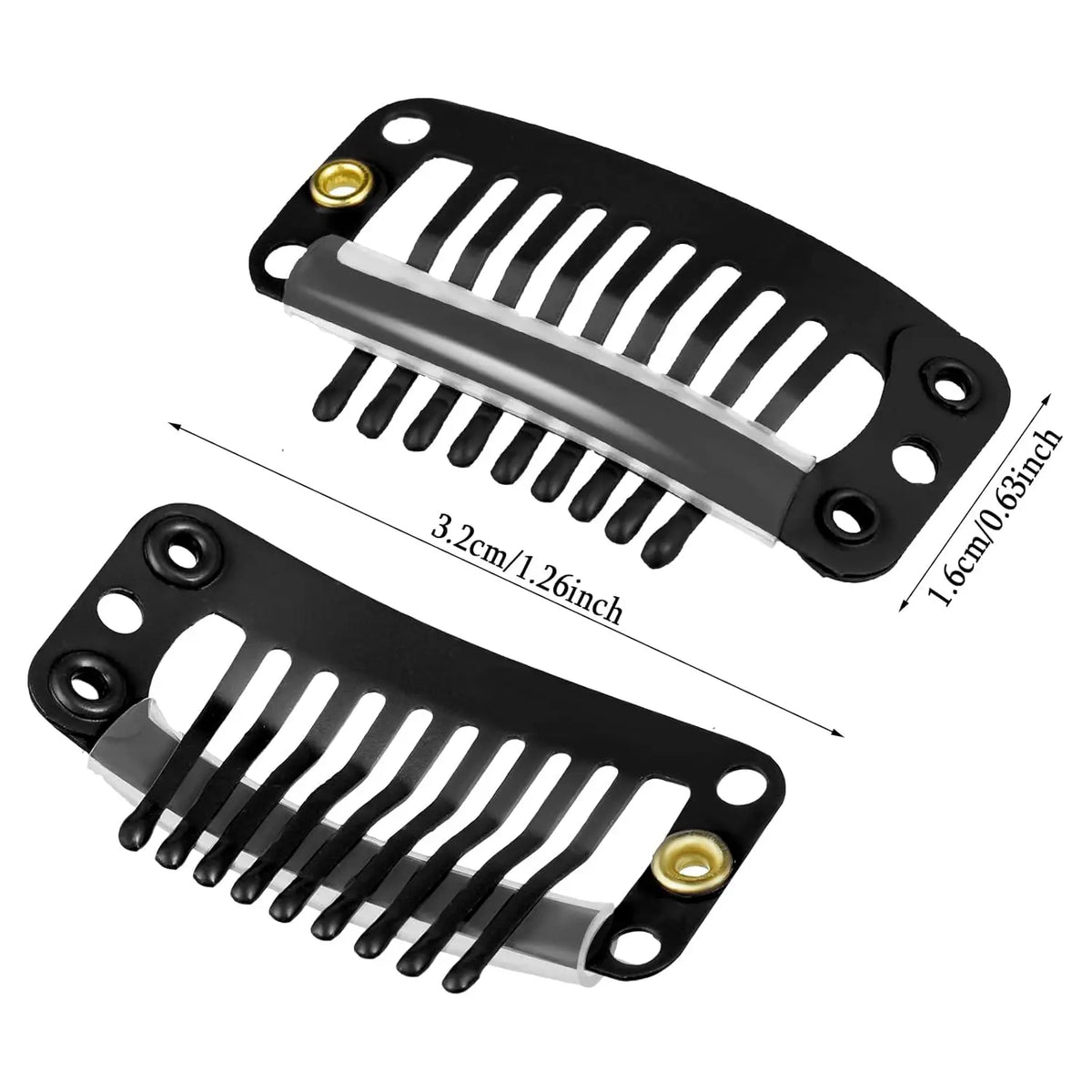 Black hair extension snap clips with a silver frame and gold accents.