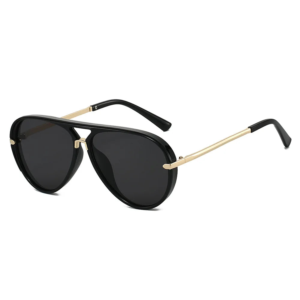 Black aviator style sunglasses with gold accents shown against a white background