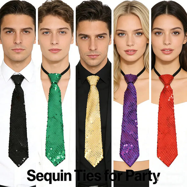 A collage of five men and women wearing different colored sequin ties for parties.