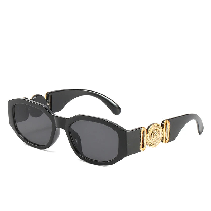 Schwarze Vintage-Luxus-Square-Sonnenbrille mit goldenen Akzenten