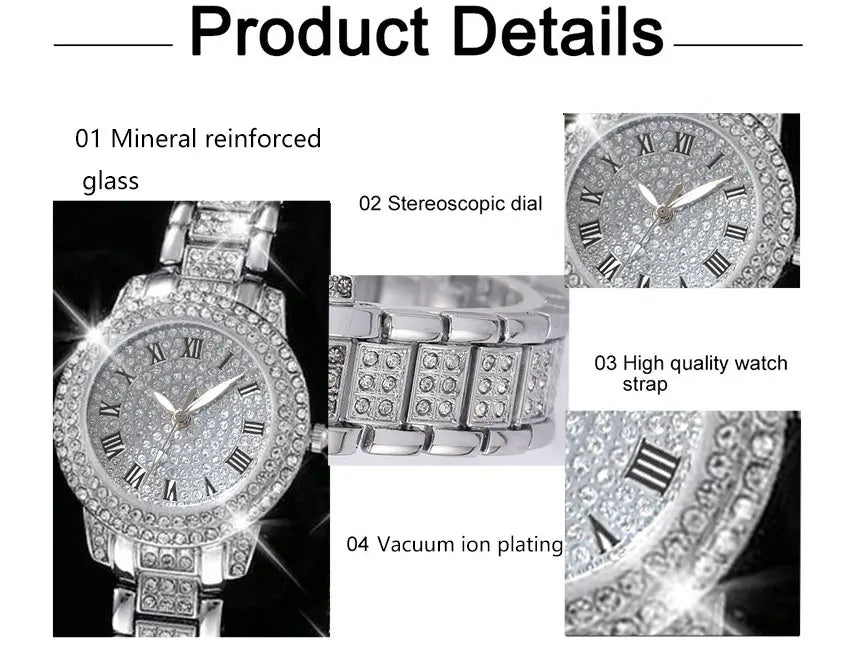 Details einer eleganten Quarzkristall-Armbanduhr für Damen mit mineralverstärktem Glas und stereoskopischem Zifferblatt
