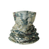 A rolled up multi-use sun protection head scarf featuring a camouflage pattern of greens, grays, and blues.