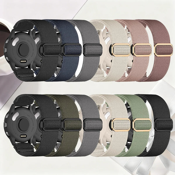 A collection of stretchy nylon watch bands in various colors and finishes for Garmin devices.