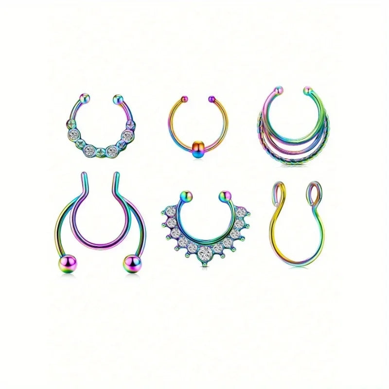 A set of six faux septum and nose rings in various colors including silver, gold, and iridescent shades.