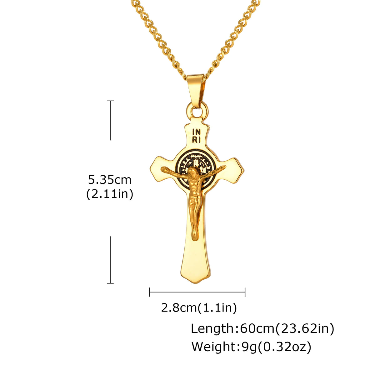 Gold finish stainless steel cross necklace with an inscription pendant