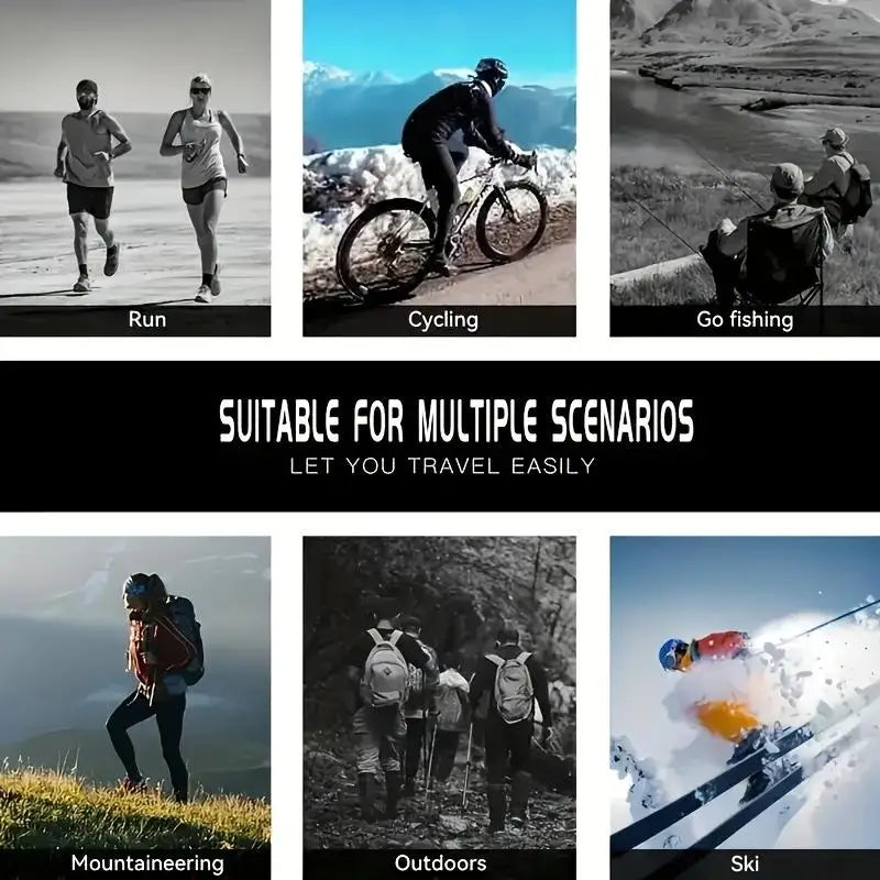 Collage showing various outdoor activities like running, cycling, fishing, mountaineering, and skiing.