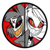 A circular lapel pin design featuring a split image of a stylized, menacing cartoon character with gray and white features ag