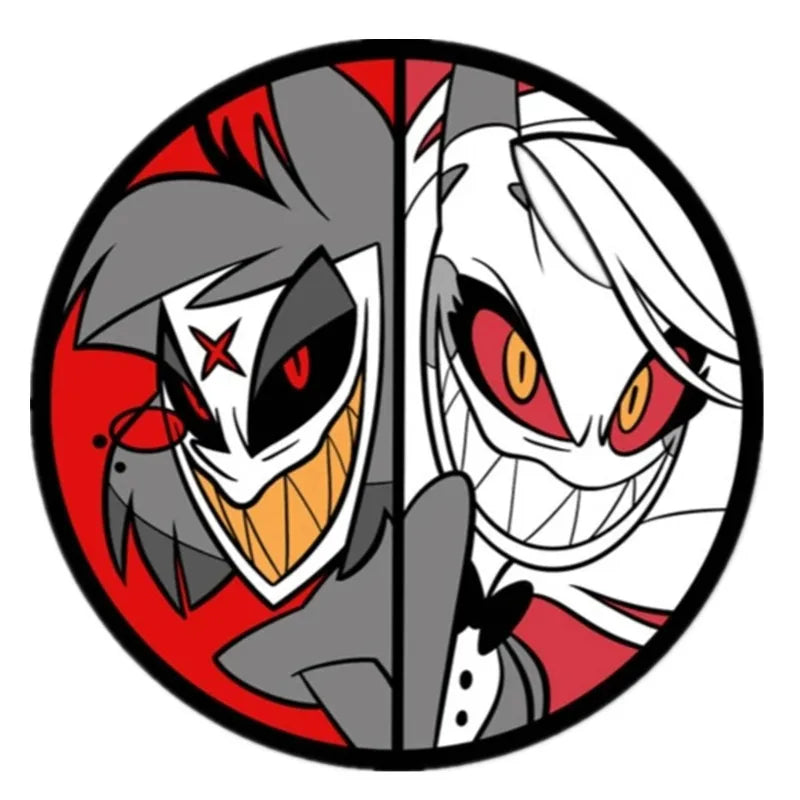 A circular lapel pin design featuring a split image of a stylized, menacing cartoon character with gray and white features ag