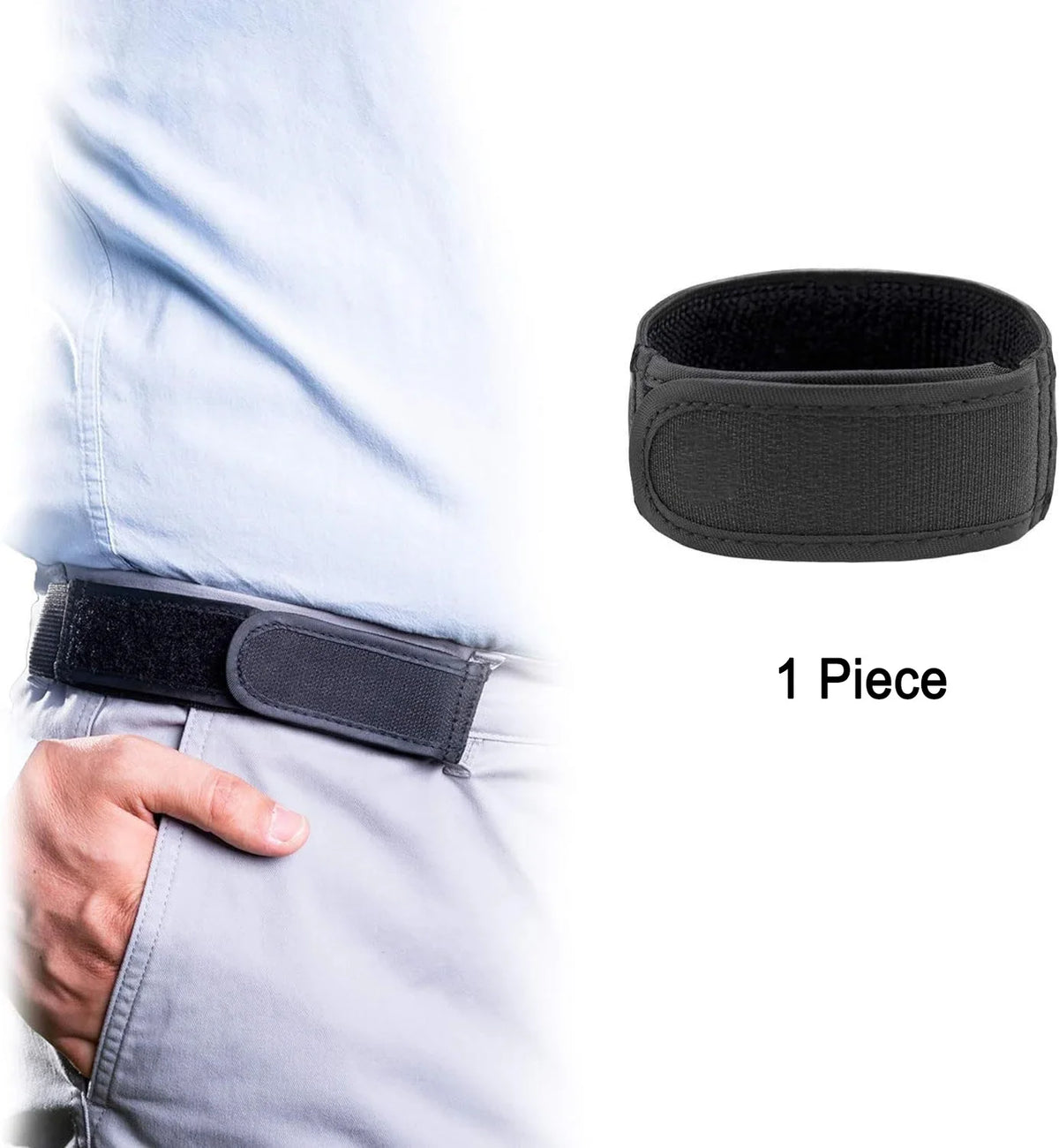 A black elastic waist belt is shown being worn on a person's waistline.