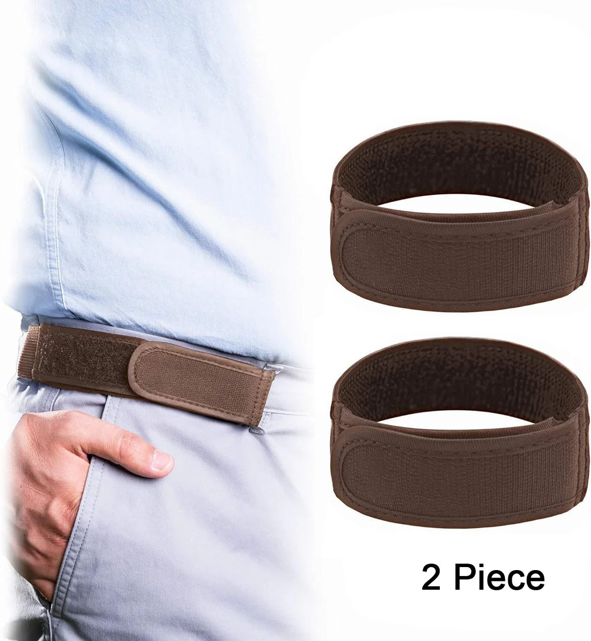 Two brown elastic waist belts shown separately, one being worn on a person's waist.