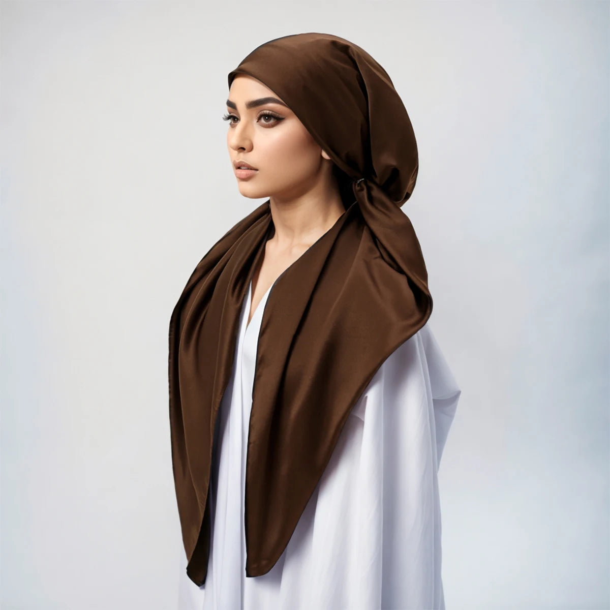 A woman wearing a brown satin silk hijab headband cap over a white garment.