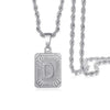 A silver letter D pendant necklace with a chain is displayed against a white background.