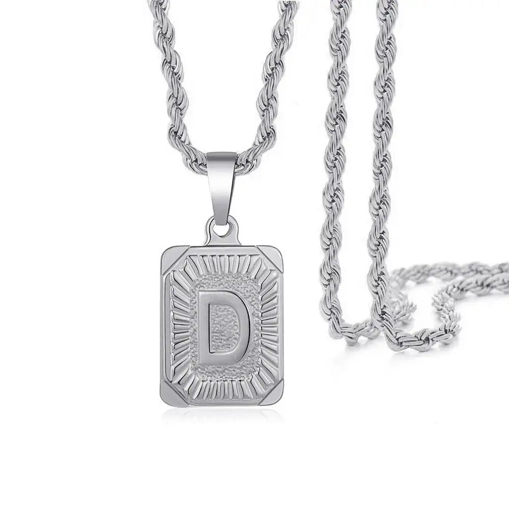 A silver letter D pendant necklace with a chain is displayed against a white background.