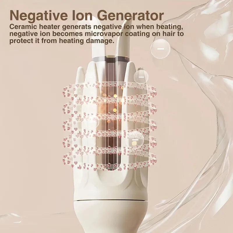 A professional automatic curling iron is shown with negative ions coating the hair for protection.