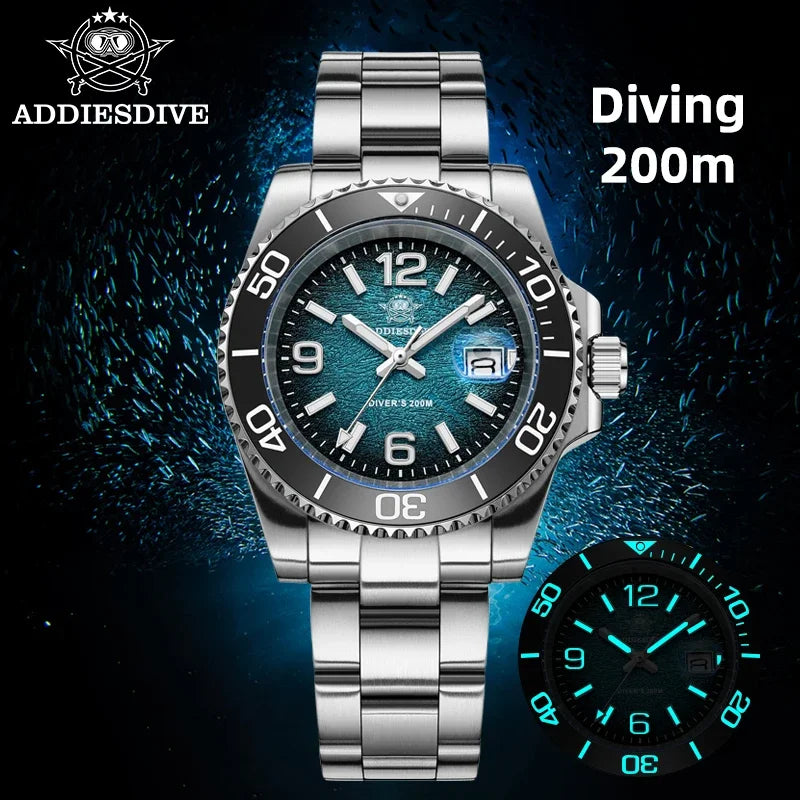 A silver diving watch with a blue dial and luminous hands is displayed against a dark background.