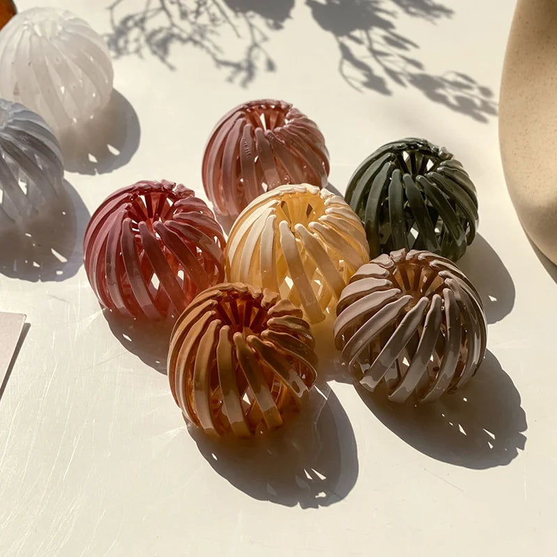 A collection of elegant, translucent hair clips shaped like horsetails in various shades of pink, amber, and green.