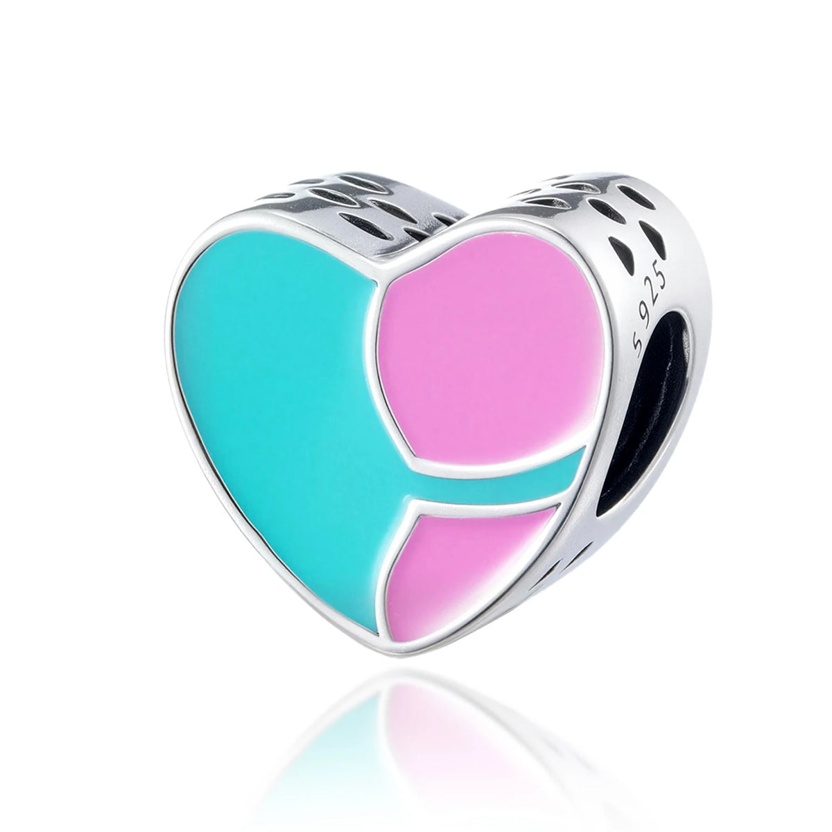 Adorno de corazón plateado con degradado de colores turquesa y rosa.