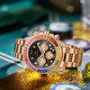 A men's gold quartz watch with diamond accents displayed on a textured gold surface.