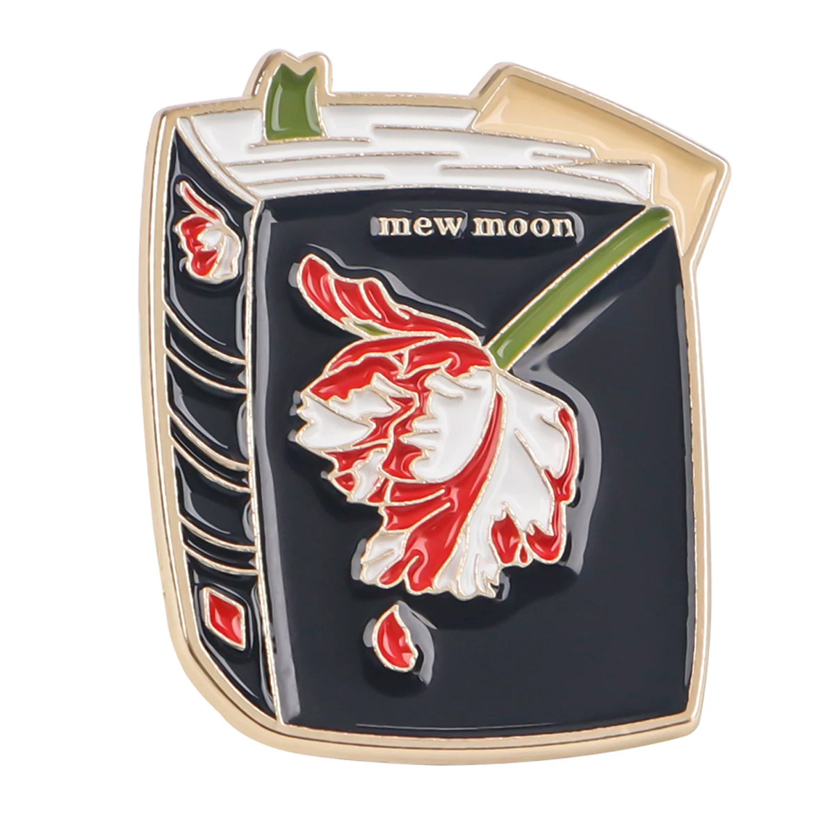 Broche émail couleur or avec fond noir et motif de fleur rouge et blanche et le texte new moon.