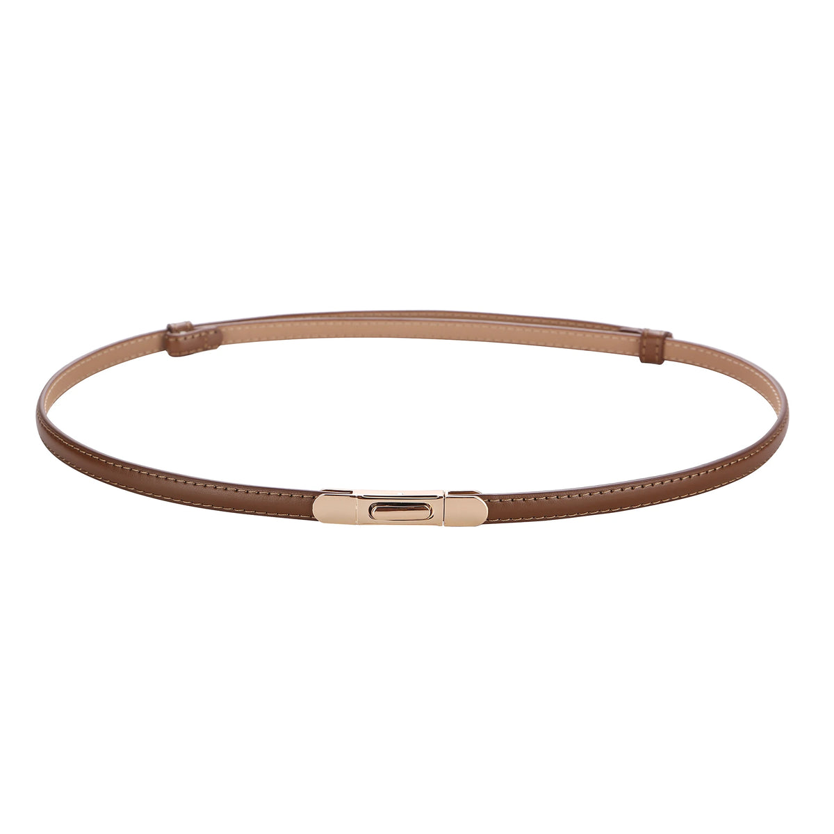 A skinny brown leather belt with a gold buckle shown against a white background.