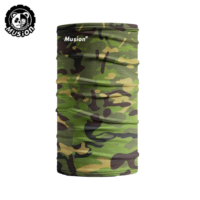 A camouflage patterned scarf or mask for a motorcycle or outdoor use.