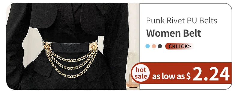 Primer plano de una mujer vistiendo un traje negro con un cinturón de PU de remaches punk dorados.