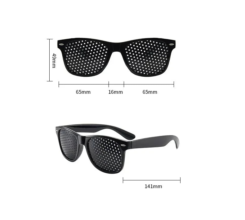 A pair of black vision correction pinhole glasses shown with dimensions.