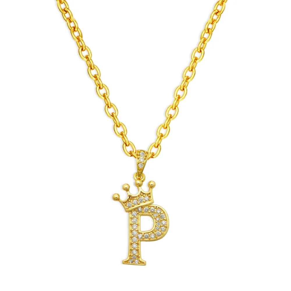 Gold chain necklace with a prominent letter P pendant shaped like a crown