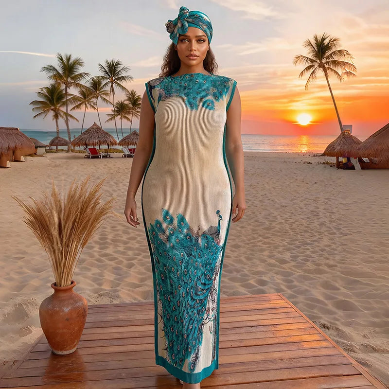A plus size model wearing a turquoise and cream African silk printed two-piece set on a beach.