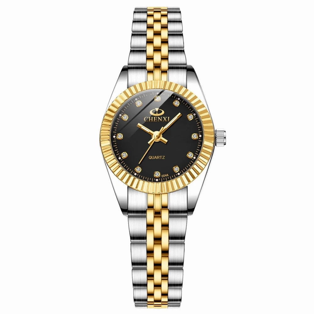 A luxury golden quartz wristwatch with a silver bracelet and black dial.