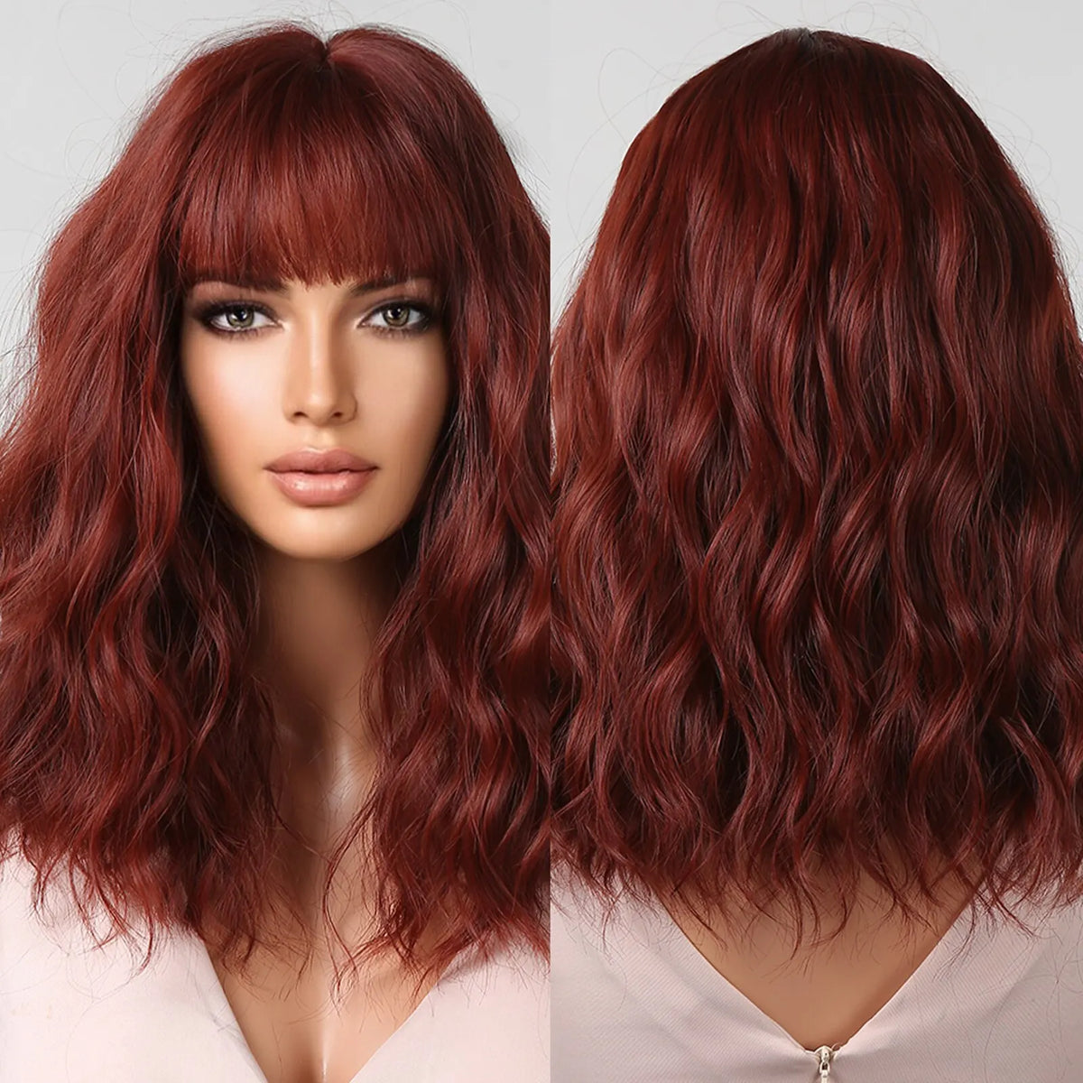 A close-up of a woman modeling a short wavy bob wig in a reddish-brown color.