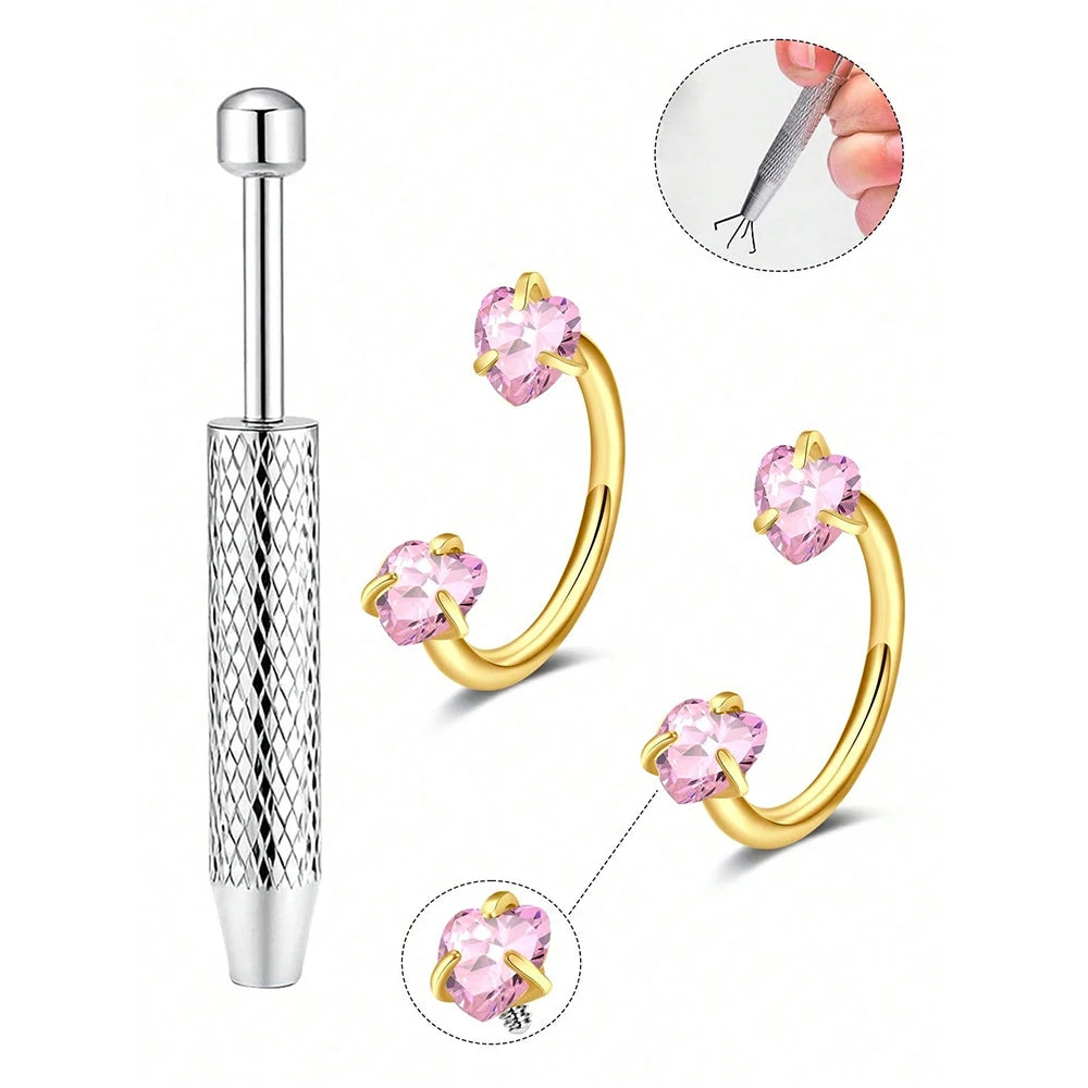 Stainless steel horseshoe nose stud earrings with pink gemstone and ball grabber tool