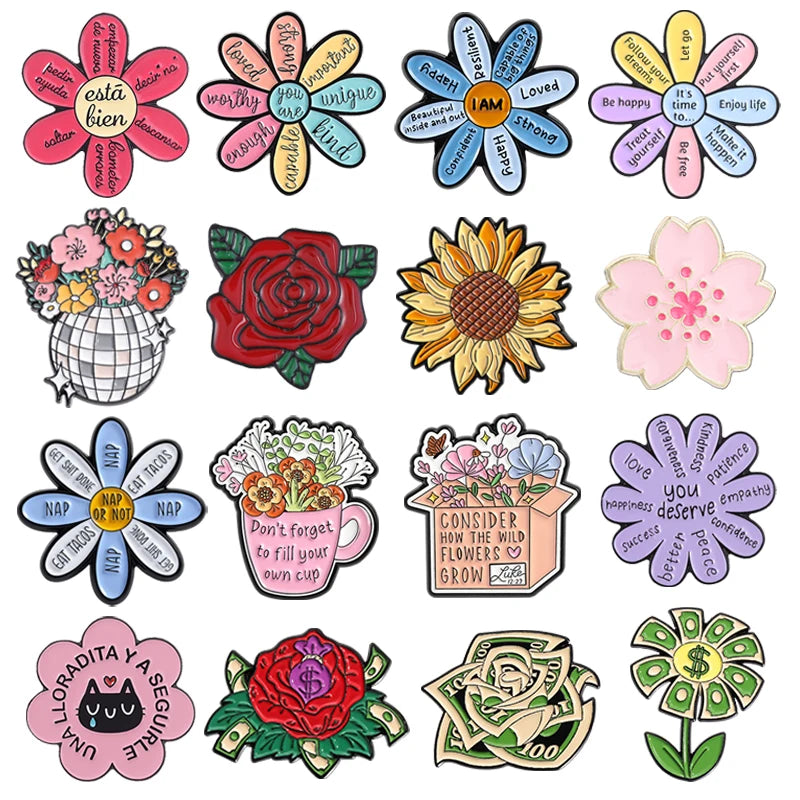A collection of enamel flower brooches featuring various inspirational words and designs.