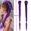 A long purple braided wig displayed on a hanger with a measurement scale.