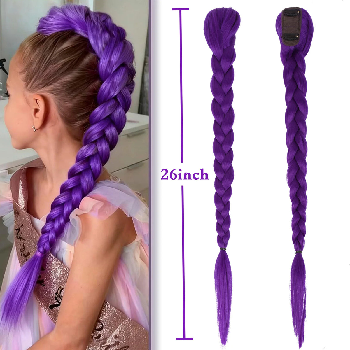 A long purple braided wig displayed on a hanger with a measurement scale.