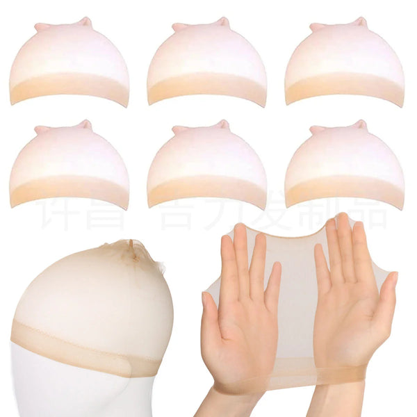A set of HD lace front wig caps in various shades of natural hair color shown alongside a hand demonstrating the fit.