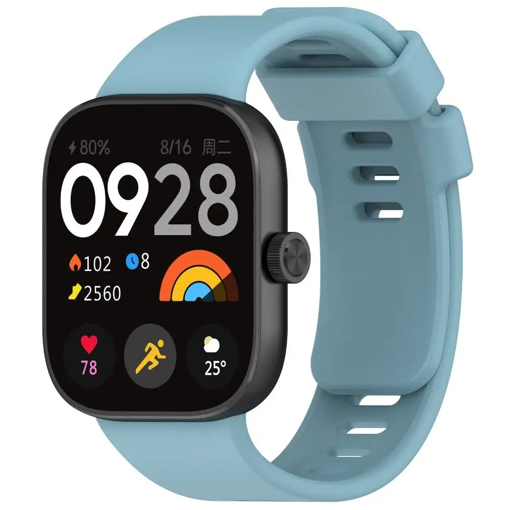 A light blue silicone watch strap is shown alongside a smartwatch displaying time, heart rate, and weather icons.