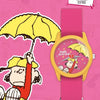 Blind Box mit Peanuts-Thema: Gelber Regenschirm und rosa Uhr.