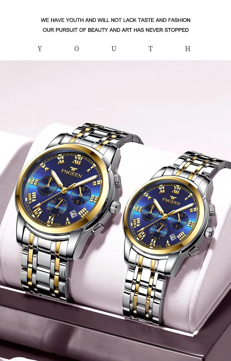 Ein Paar gold- und silberfarbener Edelstahl-Armbanduhren in Quarzkristall auf einer rosa Samtbox.