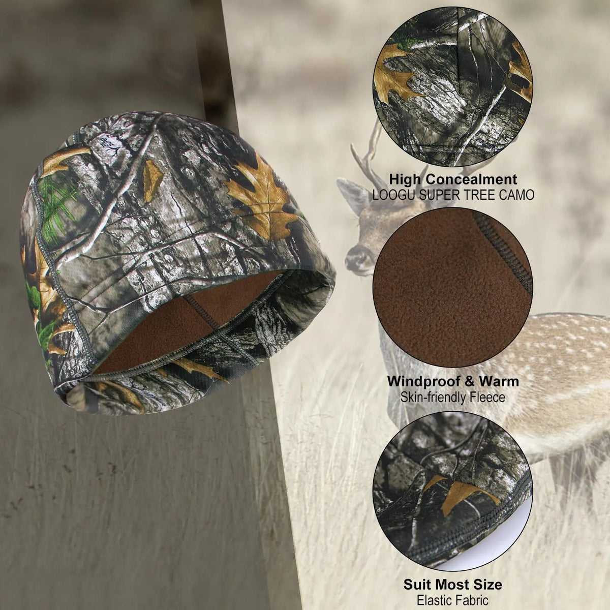 A camouflage thermal beanie shown with close-ups of the fabric texture and sizing information.