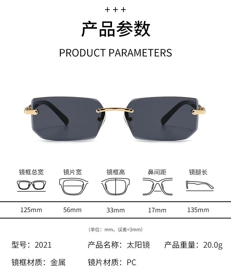 A set of black rimless rectangle sunglasses with gold accents and various dimension measurements.