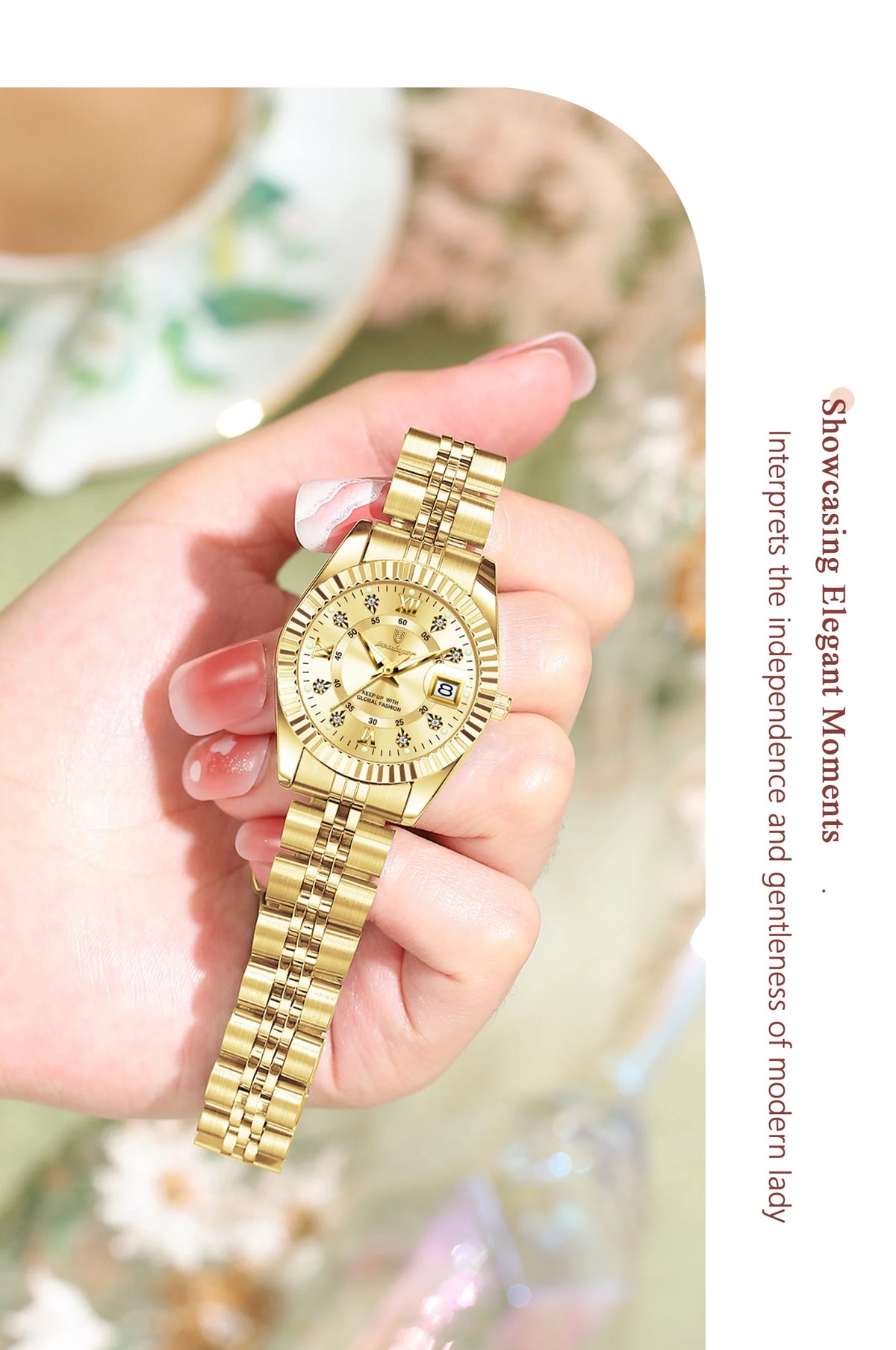 A hand holds a gold-toned stainless steel quartz ladies wristwatch with a textured band and luminous features.