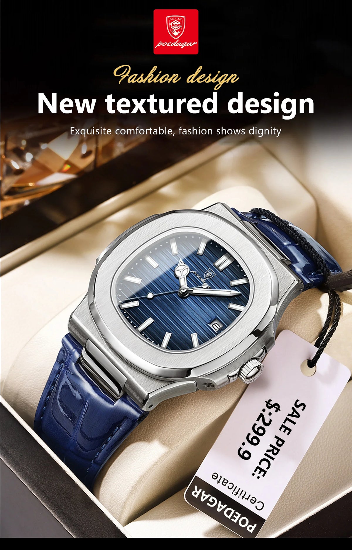 A silver-toned watch with a blue textured dial and blue leather strap is displayed in a box.